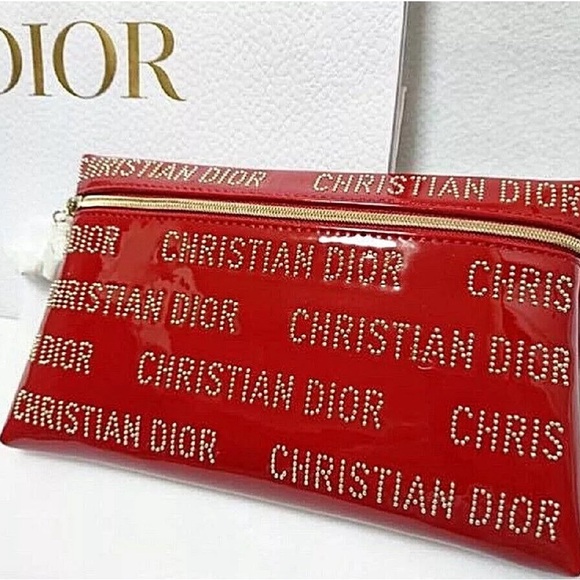 Christian Dior Red Patent Mini Clutch Studded Logo Zipper Cosmetic bag - Picture 6 of 15